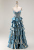 Load image into Gallery viewer, Sparkly Blue Metallic Tiered Beaded Long Corset Prom Dress with Bow