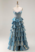 Load image into Gallery viewer, Sparkly Blue Metallic Tiered Beaded Long Corset Prom Dress with Bow