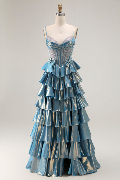 Sparkly Blue Metallic Tiered Beaded Long Corset Prom Dress with Bow