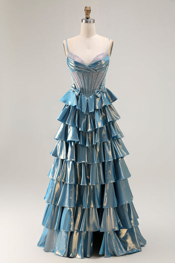 Sparkly Blue Metallic Tiered Beaded Long Corset Prom Dress with Bow