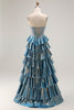 Load image into Gallery viewer, Sparkly Blue Metallic Tiered Beaded Long Corset Prom Dress with Bow