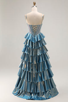 Sparkly Blue Metallic Tiered Beaded Long Corset Prom Dress with Bow