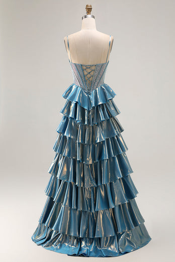 Sparkly Blue Metallic Tiered Beaded Long Corset Prom Dress with Bow