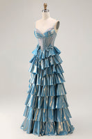 Load image into Gallery viewer, Sparkly Blue Metallic Tiered Beaded Long Corset Prom Dress with Bow