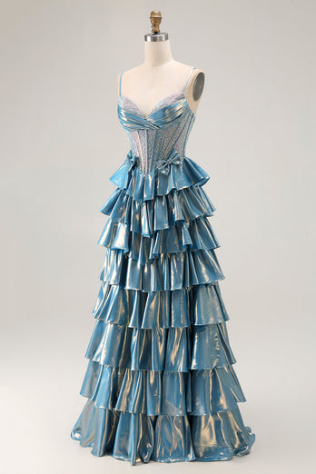 Sparkly Blue Metallic Tiered Beaded Long Corset Prom Dress with Bow