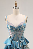 Load image into Gallery viewer, Sparkly Blue Metallic Tiered Beaded Long Corset Prom Dress with Bow