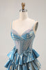 Load image into Gallery viewer, Sparkly Blue Metallic Tiered Beaded Long Corset Prom Dress with Bow