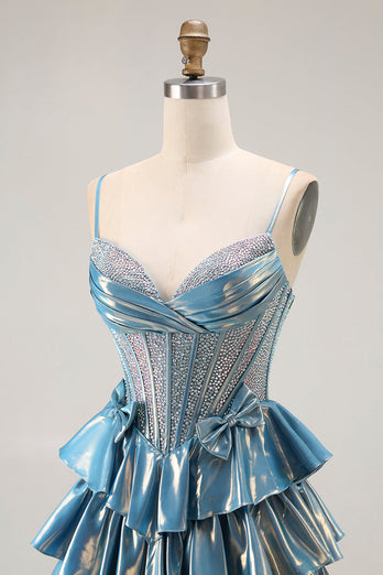 Sparkly Blue Metallic Tiered Beaded Long Corset Prom Dress with Bow