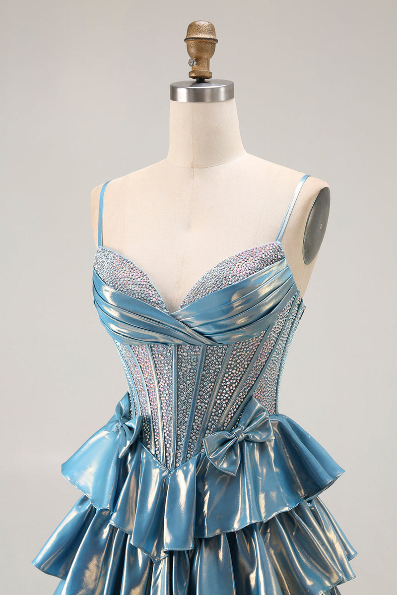 Load image into Gallery viewer, Sparkly Blue Metallic Tiered Beaded Long Corset Prom Dress with Bow