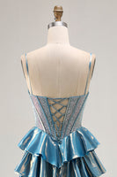 Load image into Gallery viewer, Sparkly Blue Metallic Tiered Beaded Long Corset Prom Dress with Bow