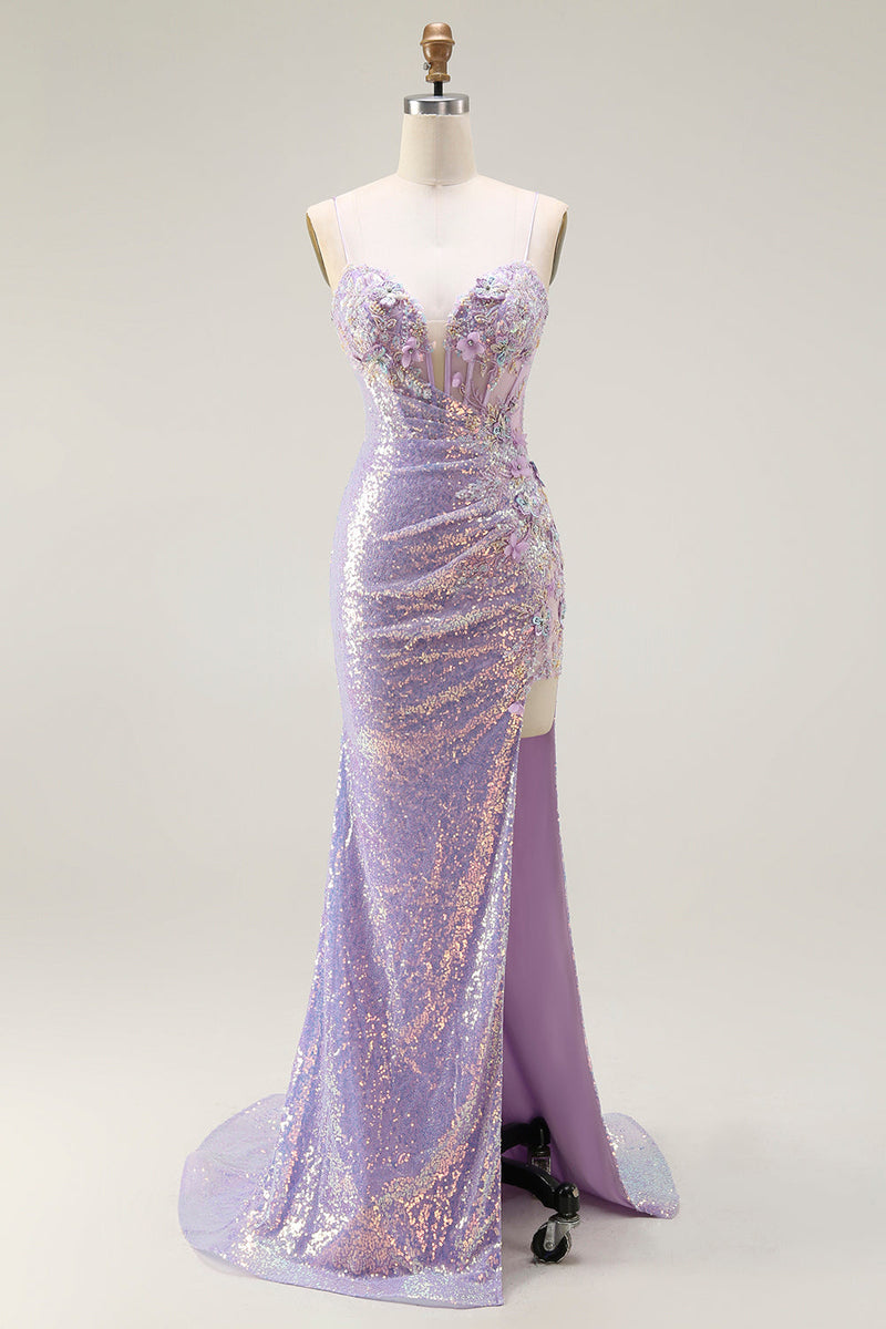 Load image into Gallery viewer, Sparkly Lilac Corset Mermaid Long Prom Dress with Slit