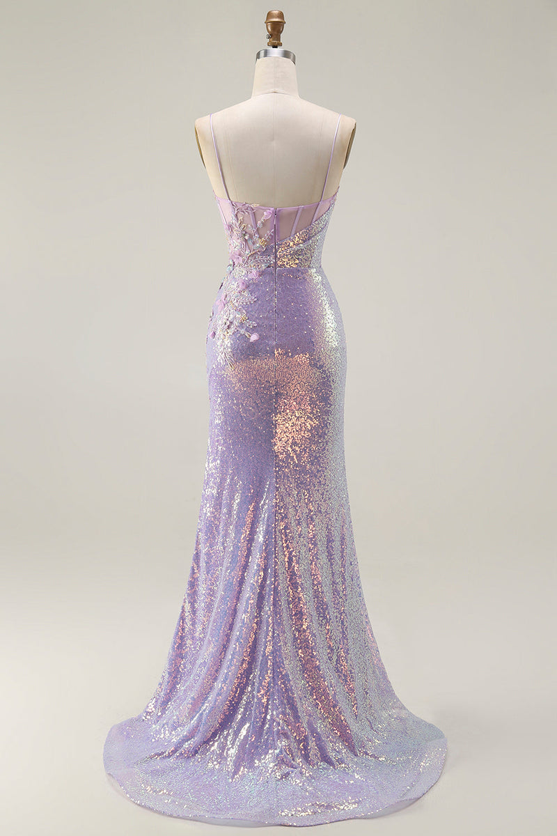 Load image into Gallery viewer, Sparkly Lilac Corset Mermaid Long Prom Dress with Slit