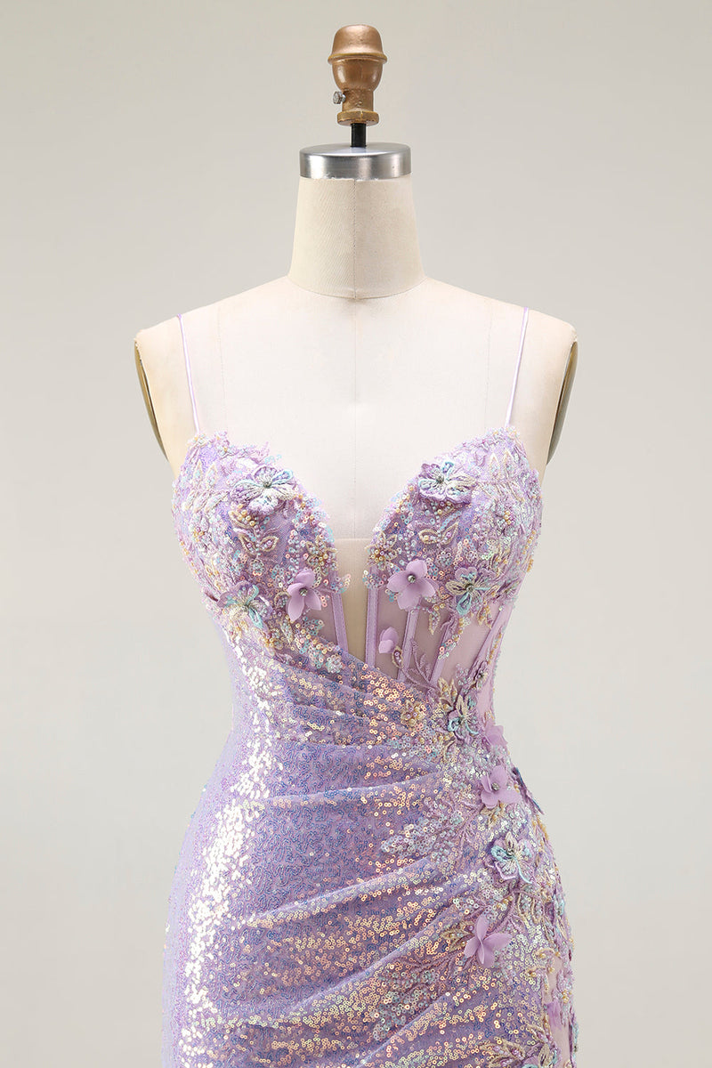 Load image into Gallery viewer, Sparkly Lilac Corset Mermaid Long Prom Dress with Slit