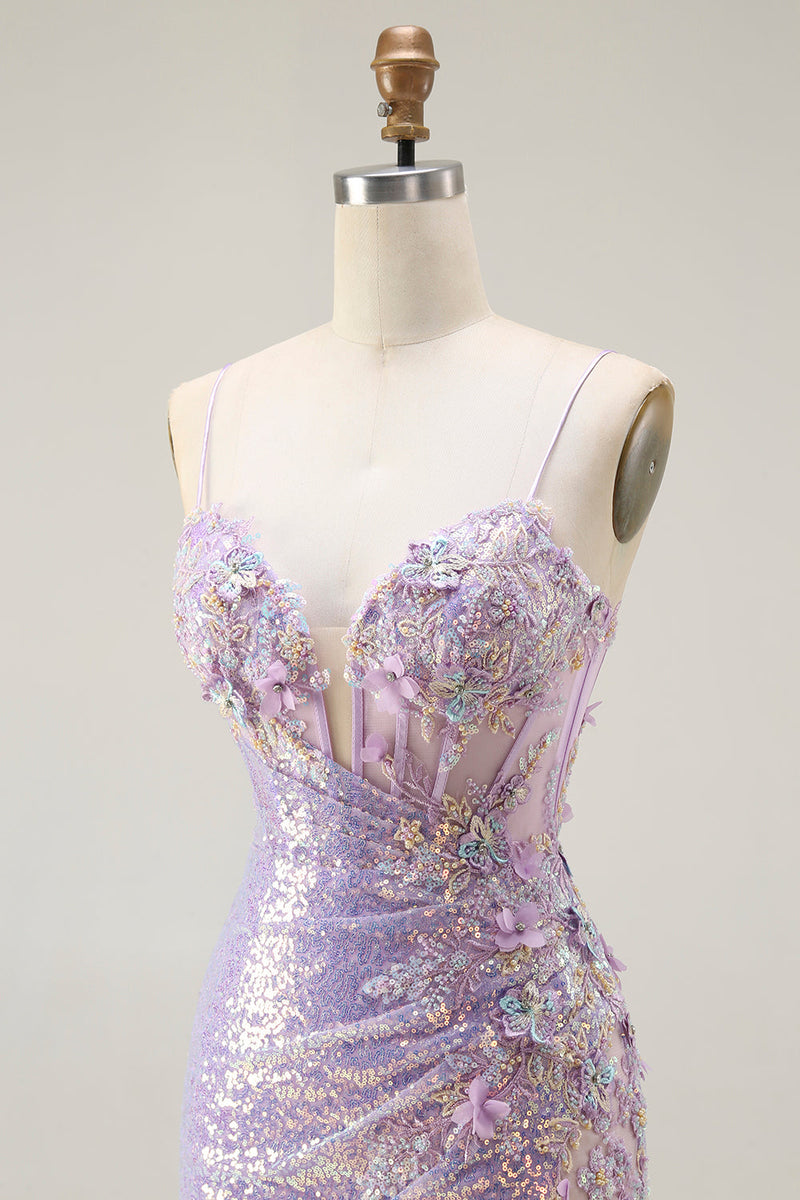 Load image into Gallery viewer, Sparkly Lilac Corset Mermaid Long Prom Dress with Slit