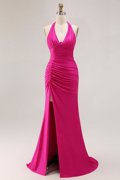 Glitter Fuchsia Mermaid Ruched Halter Long Prom Dress with Slit