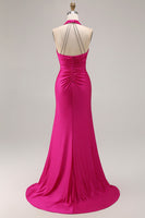Load image into Gallery viewer, Glitter Fuchsia Mermaid Ruched Halter Long Prom Dress with Slit
