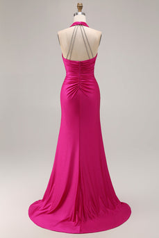 Glitter Fuchsia Mermaid Ruched Halter Long Prom Dress with Slit