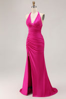 Load image into Gallery viewer, Glitter Fuchsia Mermaid Ruched Halter Long Prom Dress with Slit