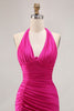 Load image into Gallery viewer, Glitter Fuchsia Mermaid Ruched Halter Long Prom Dress with Slit