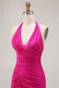 Load image into Gallery viewer, Glitter Fuchsia Mermaid Ruched Halter Long Prom Dress with Slit