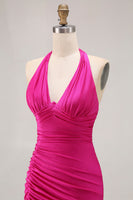 Load image into Gallery viewer, Glitter Fuchsia Mermaid Ruched Halter Long Prom Dress with Slit