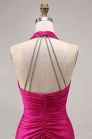 Load image into Gallery viewer, Glitter Fuchsia Mermaid Ruched Halter Long Prom Dress with Slit