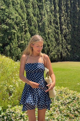 Navy Polka Dots A Line Tiered Mini Dress with Ruffles