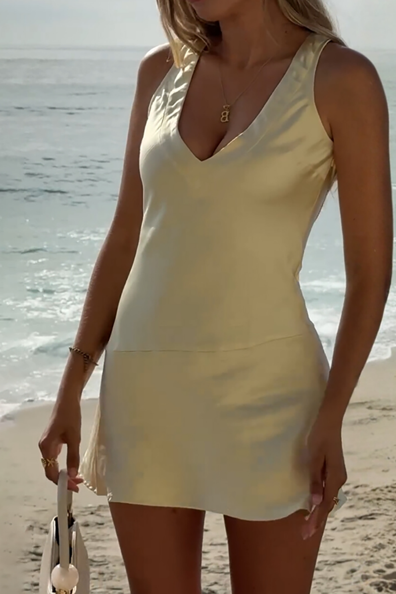 Load image into Gallery viewer, Yellow V-Neck Bodycon Mini Dress with Sash