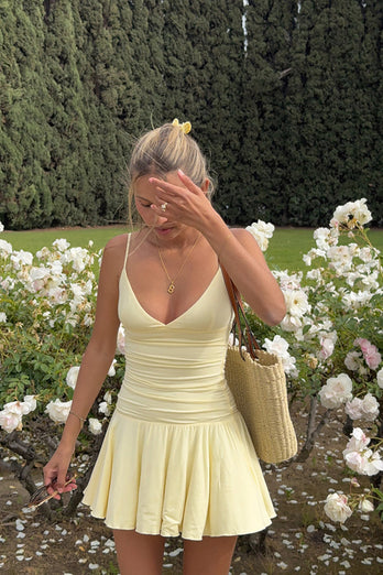 Simple Yellow A Line Spaghetti Straps Mini Dress