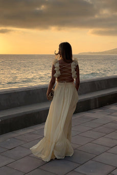 Yellow V-Neck A Line Maxi Wedding Guest Dress with Ruffles