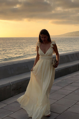 Yellow V-Neck A Line Maxi Wedding Guest Dress with Ruffles