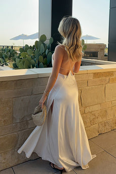 White Satin Spaghetti Straps A Line Maxi Engagement Dress with Slit