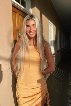 Yellow Bodycon Ruched Spaghetti Straps Mini Dress