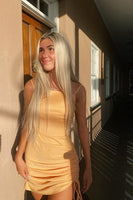 Load image into Gallery viewer, Yellow Bodycon Ruched Spaghetti Straps Mini Dress