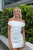 Load image into Gallery viewer, White Bodycon Ruched Off The Shoulder Mini Dress