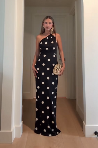 Black Dots Sheath One Shoulder Maxi Formal Dress