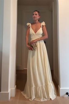 Yellow Sheath V-Neck Ruffled Maxi Wedding Guest Dress