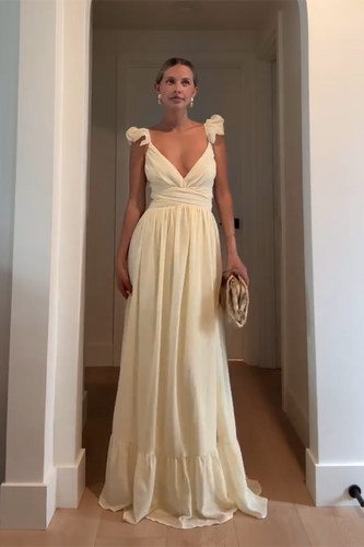Yellow Sheath V-Neck Ruffled Maxi Wedding Guest Dress