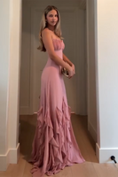 Load image into Gallery viewer, Blush Chiffon Sheath Spaghetti Straps Maxi Formal Dress with Ruffles