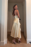 Load image into Gallery viewer, Yellow Satin Cowl Neck Sheath Maxi Wedding Guest Dress with Ruffles