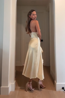 Yellow Satin Cowl Neck Sheath Maxi Wedding Guest Dress with Ruffles