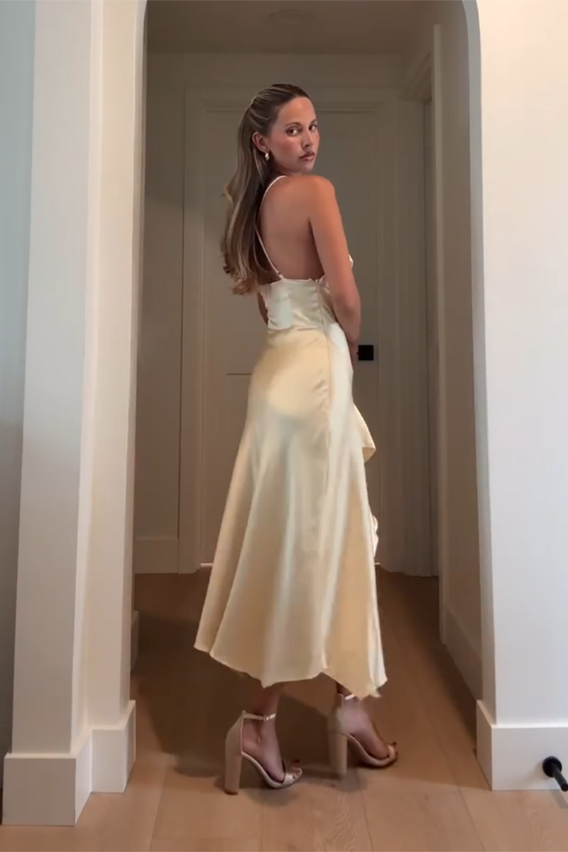 Load image into Gallery viewer, Yellow Satin Cowl Neck Sheath Maxi Wedding Guest Dress with Ruffles