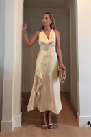 Load image into Gallery viewer, Yellow Satin Cowl Neck Sheath Maxi Wedding Guest Dress with Ruffles