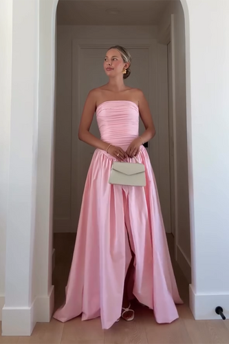 Pink Strapless A-Line Satin Pleated Maxi Formal Dress with Slit