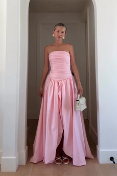 Pink Strapless A-Line Satin Pleated Maxi Formal Dress with Slit