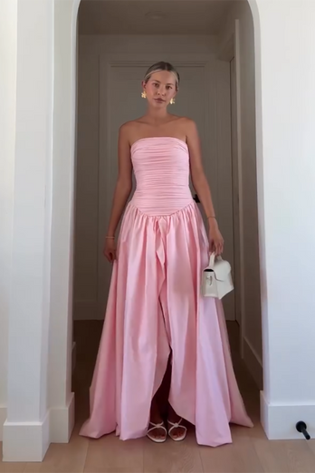 Pink Strapless A-Line Satin Pleated Maxi Formal Dress with Slit