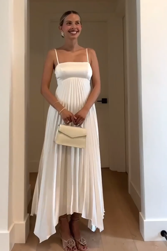 Simple White A-Line Pleated Spaghetti Straps Maxi Engagement Dress