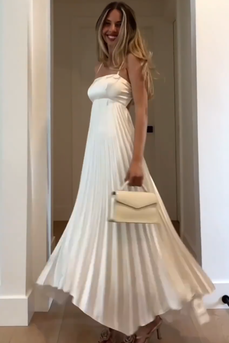 Simple White A-Line Pleated Spaghetti Straps Maxi Engagement Dress