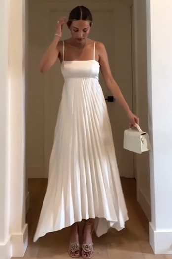 Simple White A-Line Pleated Spaghetti Straps Maxi Engagement Dress