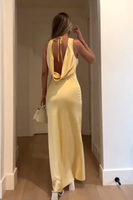 Load image into Gallery viewer, Yellow Satin Sheath Halter Backless Maxi Wedding Guest Dress